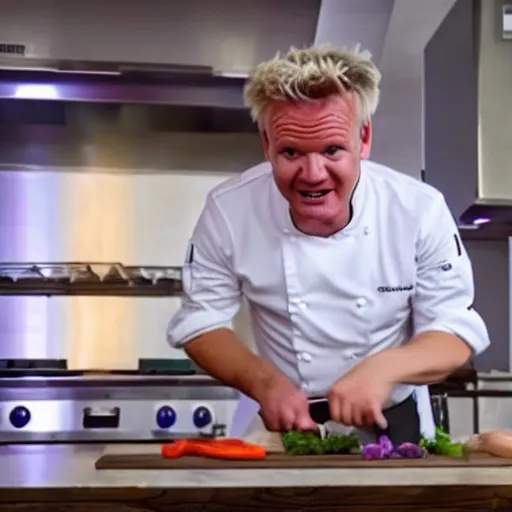 Image similar to hyper real Gordon Ramsey cooking a unicorn in kitchen 4k