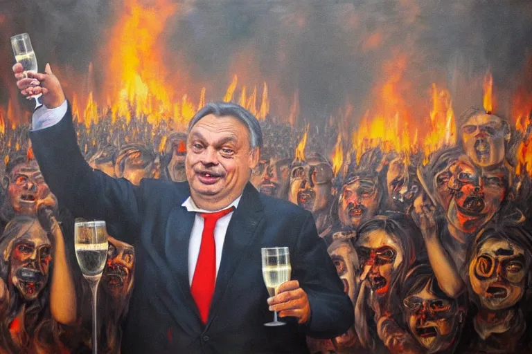 Prompt: viktor orban drinking champagne and cheering at the apocalyse in front a burning city, highly detailed eyes, oil on canvas