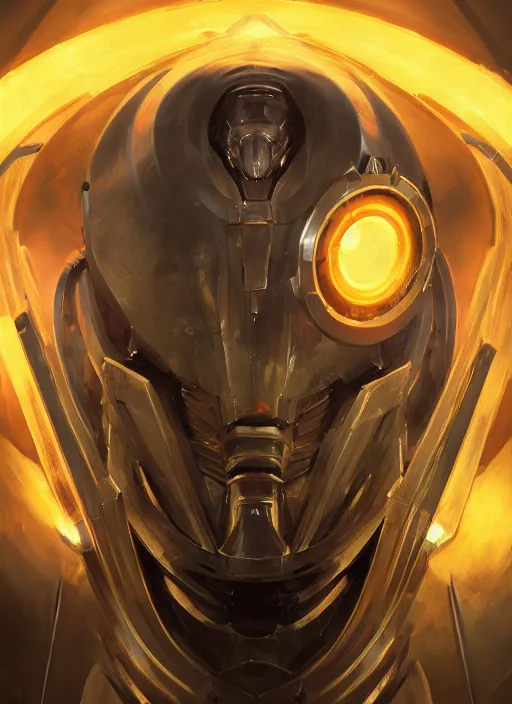 Image similar to dynamic head-on abstract portrait of a intricate glorious holy mechanical warforged character in yellow armor holding a paladin engraved great longsword drawn and carrying a big paladin shield, beam glowing eye , face in focus, epic , trending on ArtStation, masterpiece, cinematic lighting, by Ross Tran and by Greg Rutkowski