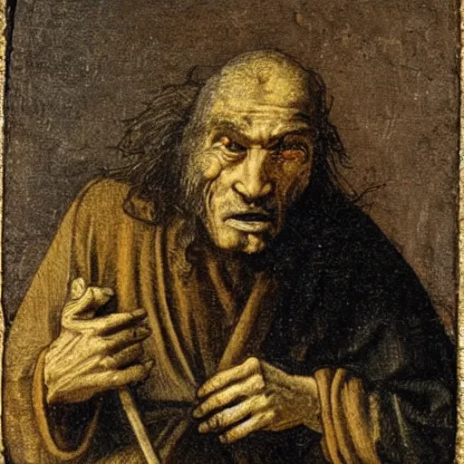 Image similar to A 17th Century beggar, with the letter B carved on his forehead, filthy, haggard, no teeth, dirty hair, Breughel