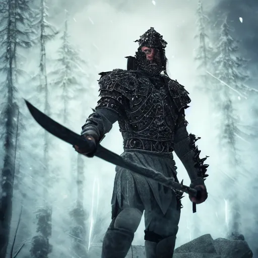 Image similar to full - body - portrait photo brutal nordic warrior, wearing intricate steel armor, holding magical fiery battle - axe, sharp focus, highland landscape with few trees background, magical aura, heroic pose, fantasy style, octane render, volumetric lighting, 8 k high definition, highly detailed, trending on artstation, centered