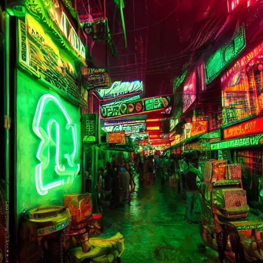 Prompt: cyberpunk black indian market, indoor in the style of blade runner, stands illuminated by greens neon lights, crowded with cyborgs photorealistic, 3 5 mm, grainy ruined film, dark color scheme, ray tracing, unreal engine, 4 k