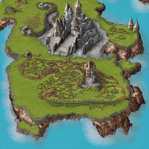 Image similar to RPG fantasy map with castles, mountains and rivers, intricate details, extremely detailed, sharp features