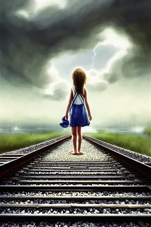 Image similar to on reflective water a barefoot girl carries her shoes, underwater train tracks, there is a train station in the distance and large white clouds on a wide horizon, intricate, elegant, highly detailed, digital photo, artstation, concept art, smooth, sharp focus, low angle photo, art by artgerm and greg rutkowski and fra angelico