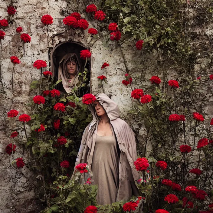 Prompt: a woman wearing a hooded cloak made of zinnias and barbed wire, in a derelict house, by Mario Testino, natural light, detailed face, CANON Eos C300, ƒ1.8, 35mm, 8K, medium-format print