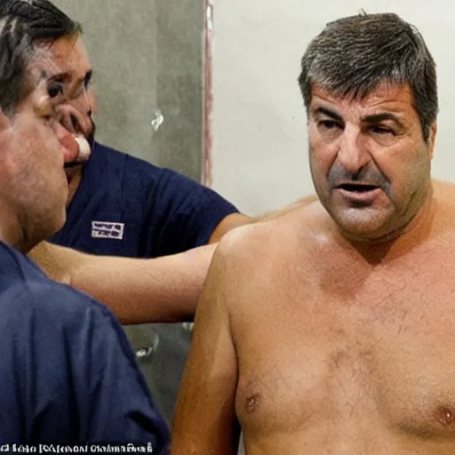 Prompt: joan laporta in the prison showers, bending down to get the soap