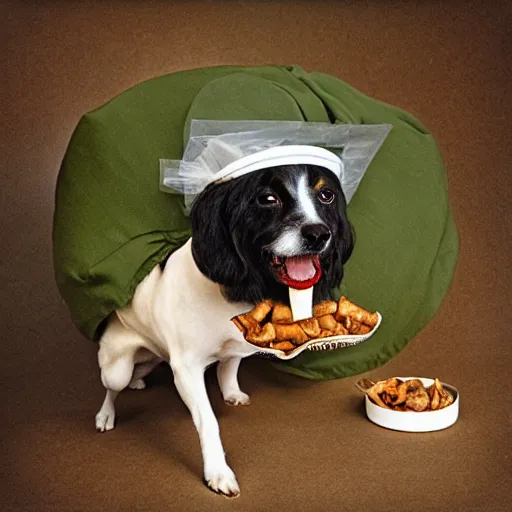 Image similar to dog trying to eat apple core under on a butler cloche dome