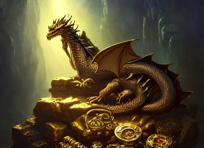 Image similar to dragon asleep on a pile of treasure, dramatic light, dungeon background, treasure, gold, jewels, treasure pile, high detail, fantasy background, painted todd lockwood, stanley lau, greg rutkowski, artgerm, digital art, trending on artstation