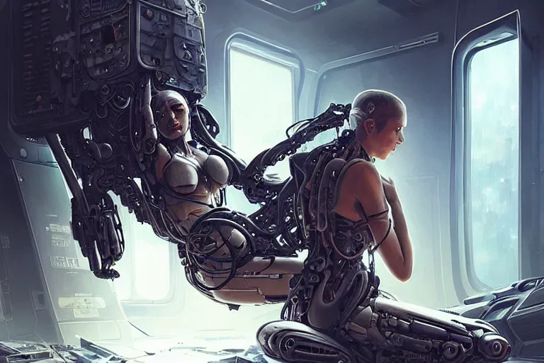 Image similar to Ultra realistic illustration, beautiful alluring damaged combat cyborg sitting on the floor of a smoldering crashed spaceship while being put back together in an super advanced military medical bay, cyberpunk, sci-fi, fantasy, intricate, elegant, highly detailed, digital painting, artstation, concept art, smooth, sharp focus, illustration, art by artgerm and greg rutkowski and alphonse mucha