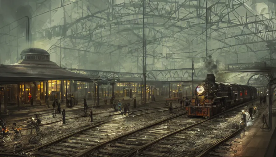 Image similar to Dieselpunk railway station, anamorphic lens, steam, epic composition, diesel trains, intricate, elegant, volumetric lighting, digital painting, highly detailed, artstation, sharp focus, illustration, concept art, ruan jia, steve mccurry