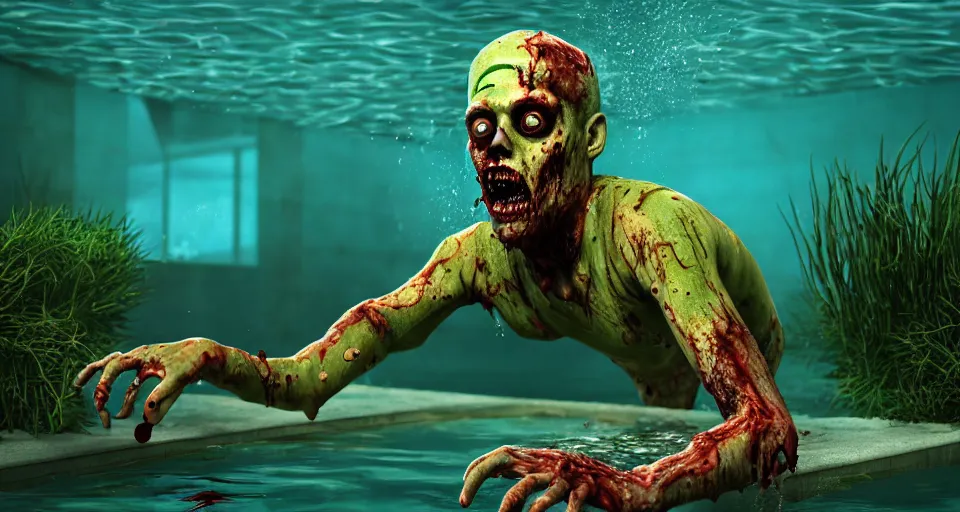 Image similar to highly detailed full body portrait of a zombie swimming underwater in a zombie - apocalypse, in a swimming pool, style of plants vs zombies, octane render