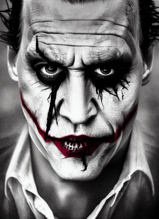 Prompt: photo of Johnny Depp as the Joker by Lee Jeffries , big smile, head shot, detailed, award winning, Sony a7R, trending on artstation
