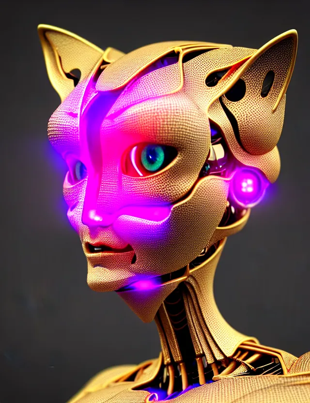 Prompt: complex 3 d render of a beautiful porcelain robot - cat woman face, with glowing eyes magenta gold and white, fractal veins. dragon cyborg, 1 5 0 mm, beautiful natural soft light, rim light, gold fractal details, fine lace, mandelbrot fractal, anatomical, glass, facial muscles, elegant, ultra detailed, metallic armor, octane render, depth of field