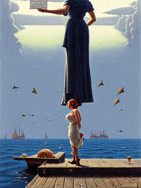 Image similar to a fancy beautiful woman standing on a wharf at the edge of a cold sea by rob gonsalves and ruth deckard and gil elvgren and harry ekman and george petty and hilo chen and norman rockwell, crisp details, hyperrealism, high detail, high contrast, low light, grey mist, cobblestones, dim lantern
