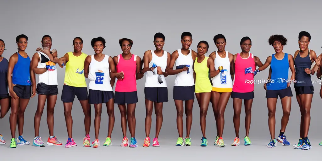 Prompt: Studio Photograph of starting line of many diverse marathon runners. multiple skintones. Frontal. Shot on 30mm Lens. Advertising Campaign. Wide shot. Fashion Studio lighting. White background.