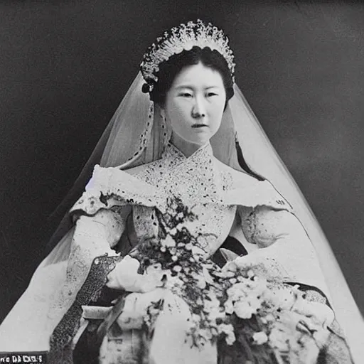 Image similar to A 1907 photograph from the official wedding photographer for the royal wedding features a wide full shot, coloured black and white Russian and Japanese mix historical fantasy portrait of the empress in her white floor-length bridal gown that fades into a bright blue at the bottom.