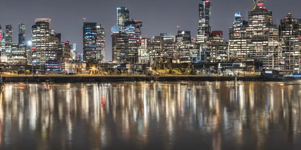 Image similar to docklands in london, night, dimly lit cirrus clouds, long exposure, architecture photography, no hdr, ultrawide image