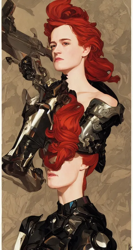 Image similar to redhead mackenzie davis actress wearing black armour with bare legs, mucha, hard shadows and strong rim light, art by jc leyendecker and atey ghailan and sachin teng