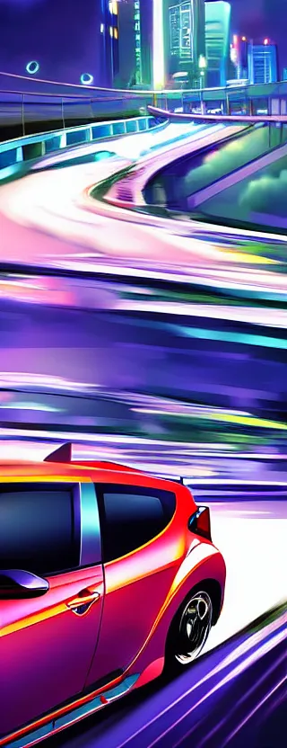 Image similar to hyundai veloster n racing down tokyo highway at night, digital art, super aesthetic, art station, cartoon novel style