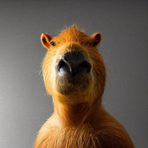 Image similar to Cyborg anthropomorphic capybara, photograph, realistic, studio lighting