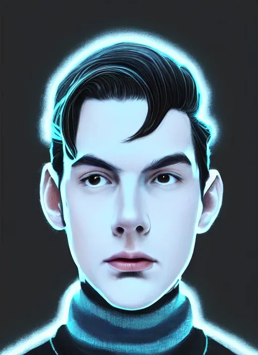 Image similar to portrait of teenage jughead jones wearing a light grey crown, crown, blue turtleneck, 1 9 5 0 s, closed eyes, photorealistic, black hair, glowing lighting, intricate, elegant, glowing lights, highly detailed, digital painting, artstation, concept art, smooth, sharp focus, illustration, art by wlop, mars ravelo and greg rutkowski