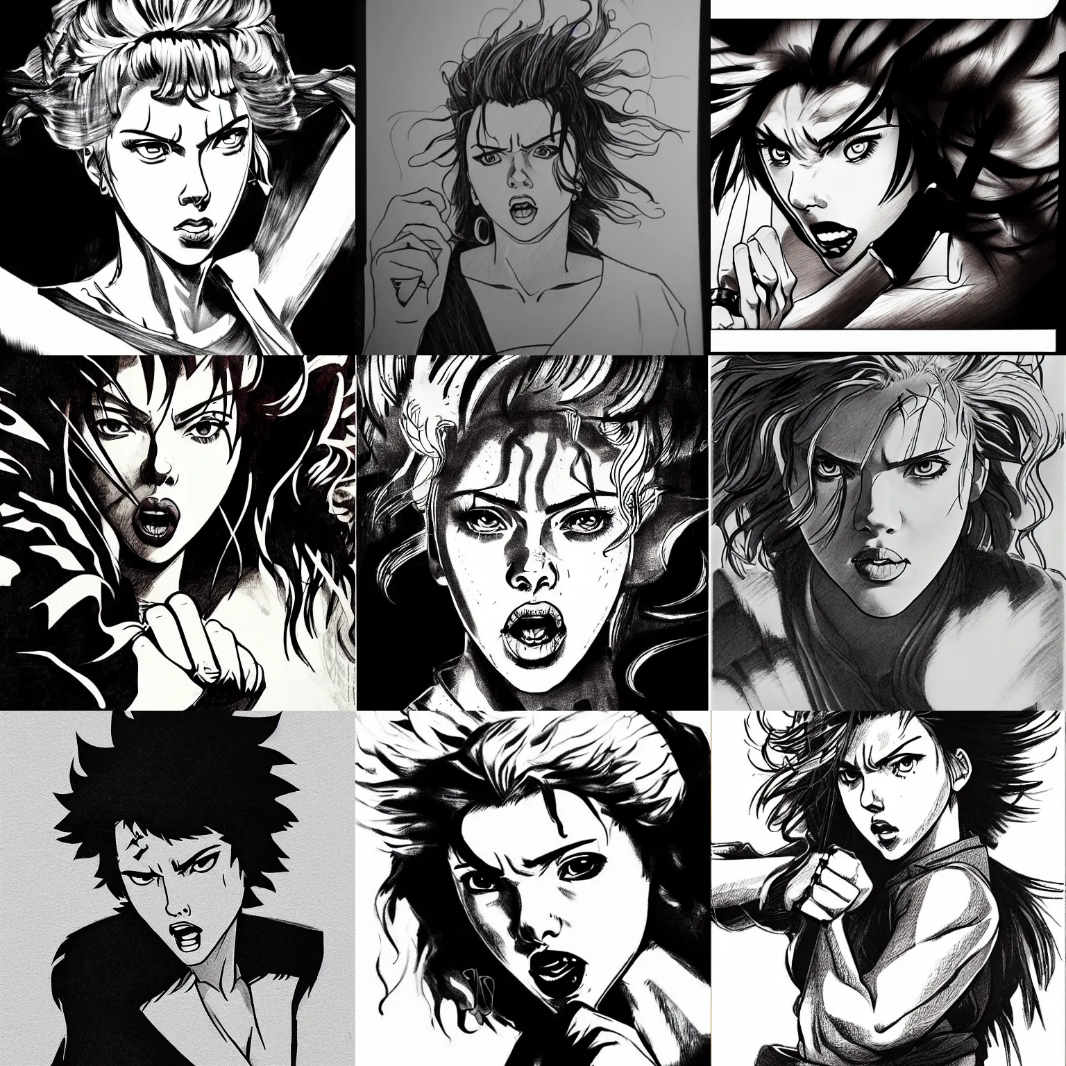 Prompt: 1 0 key frames, high description fidelity, high description consistency, scarlett johansson with angry expression, swinging fist, afro samurai anime. dramatic lighting, anime style, pencil and ink manga drawing,