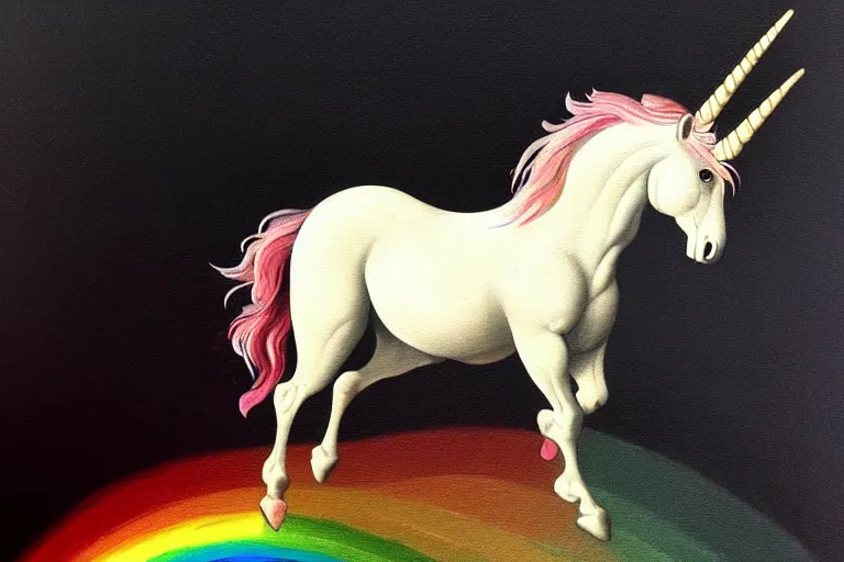 Image similar to detailed traditional painting of a unicorn walking on a solid rainbow, ((rainbow)) by Caravaggio, authentic, masterpiece, brush strokes, trending on artstation