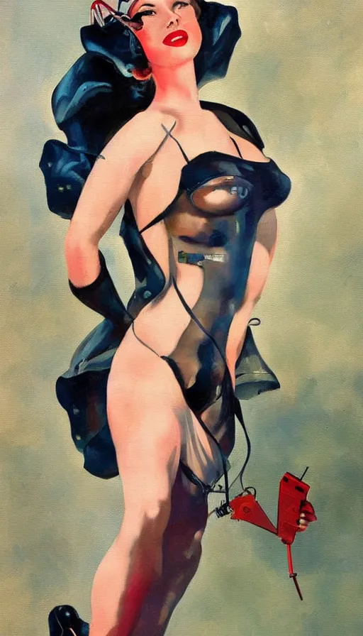 Prompt: full body cyberpunk beautiful woman in the style of a 1 9 4 0 s oil painted pin - up painted on a boeing b 2 9