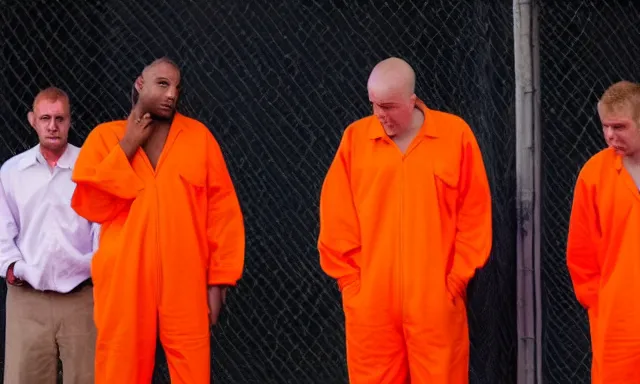 Image similar to guantanamo bay prison prisoners in orange jump suit crying. one of them is!! donald trump!!, photograph, realistic, dramatic lighting