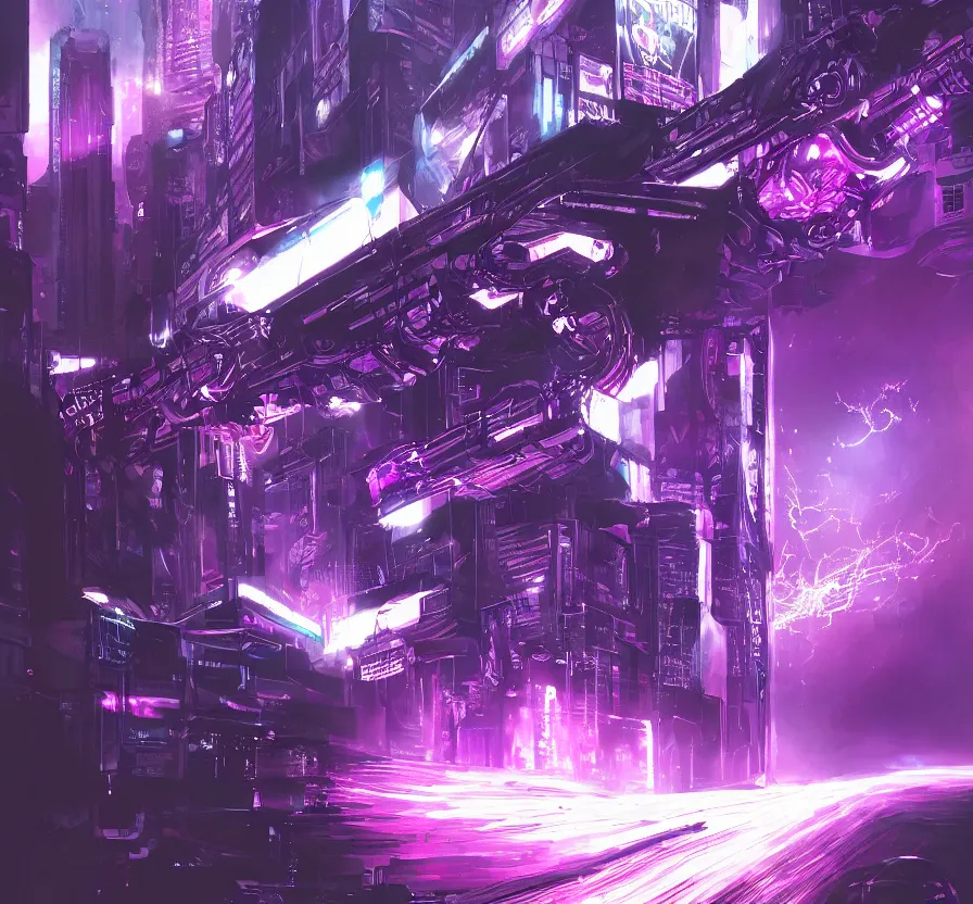 Prompt: cyberpunk retrowave terminator with purple lightning lines, acrilic paint, brush paint, heavenly atmosphere, paint, ultra detailed, beautiful image, resolution, artstation