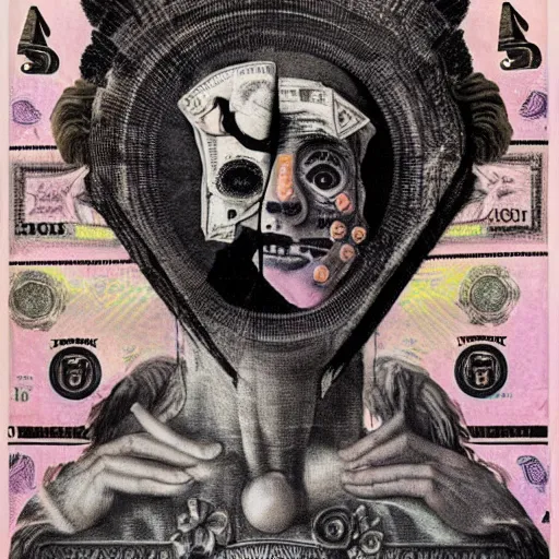 Image similar to post - punk new age album cover, asymmetrical design, dollar bank notes, capitalism, magic, apocalypse, psychedelic, black white pink, magic, giger h. r., giuseppe arcimboldo