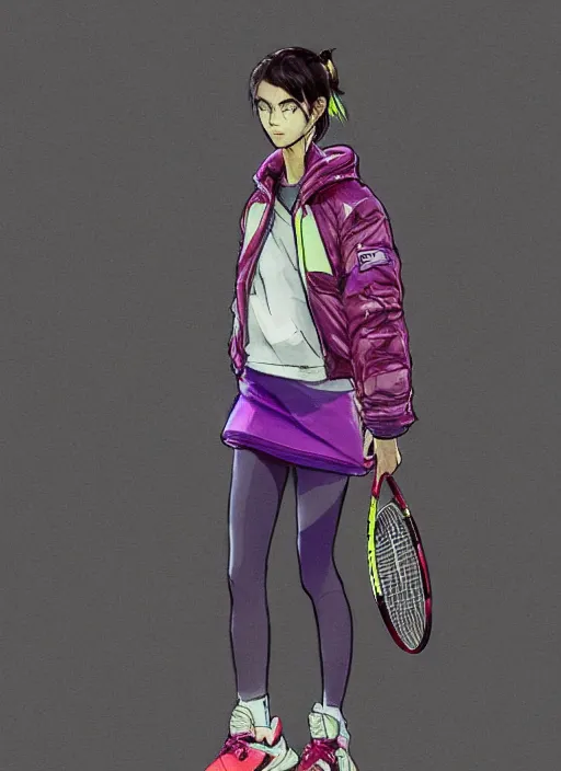 Prompt: a yoji shinkawa full body sketch of tennis player girl wearing a puffy japanese anorak designed by balenciaga, short purple skirt and yeezy 5 0 0 sneakers