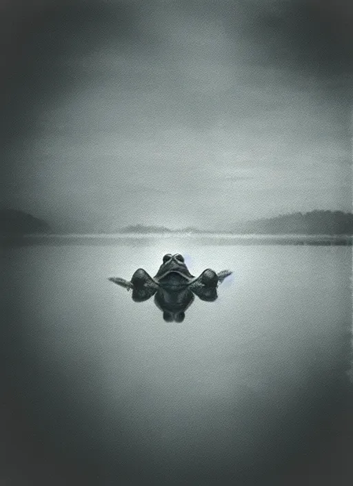 Image similar to “semitranslucent smiling frog amphibian vertically hovering over misty lake waters in Jesus Christ pose, low angle, long cinematic shot by Andrei Tarkovsky, paranormal, eerie, mystical”