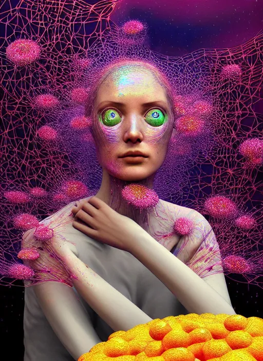 Prompt: hyper detailed 3d render like a Oil painting - Aurora (gilded faced Singer) seen Eating of the Strangling network of yellowcake aerochrome and milky Fruit and Her delicate Hands hold of gossamer polyp blossoms bring iridescent fungal flowers whose spores black out the foolish stars by Jacek Yerka, Mariusz Lewandowski, Houdini algorithmic generative render, Abstract brush strokes, Masterpiece, Edward Hopper and James Gilleard, Zdzislaw Beksinski, Mark Ryden, Wolfgang Lettl, hints of Yayoi Kasuma, octane render, 8k