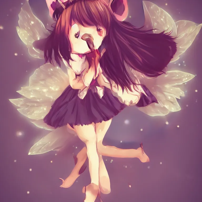 Prompt: cute, full body, female, anime style, a dog girl with fairy wings, large eyes, beautiful lighting, sharp focus, simple background, creative, heart effects, filters applied, illustration