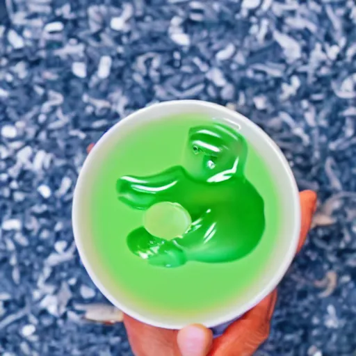 Image similar to a cup of green tea with a rubber duck bathing inside it