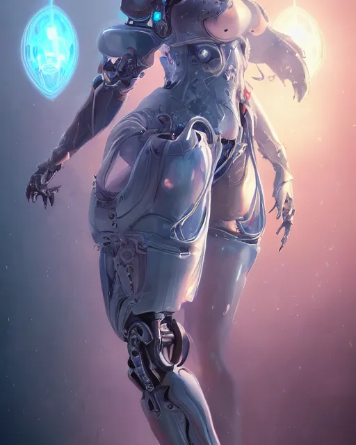 Image similar to holy cyborg necromancer girl, elegant, perfect face, scifi, futuristic, utopia, garden, illustration, atmosphere, warframe, blue eyes, white hair, focused, artstation, nier automata, highly detailed, art by yuhong ding and chengwei pan and serafleur and ina wong