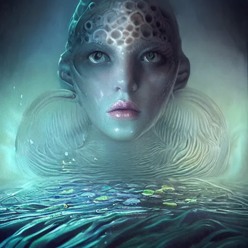 Prompt: by tom bagshaw, a centered wide shot soft paint render of a curiosity lovecraft underworld depths, single female underwater with full bodysuit armor, water waves, multiples tentacles, symmetry accurate features, ominous depths, elegance, refractions, reflections, focus, rainbow lighting, very high detail, gods ray, octane, artstation