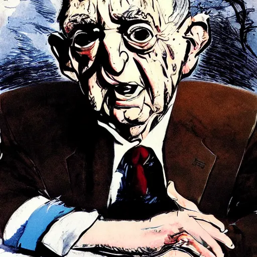 Image similar to George Soros by Ralph Steadman, illustration, body horror, biopunk