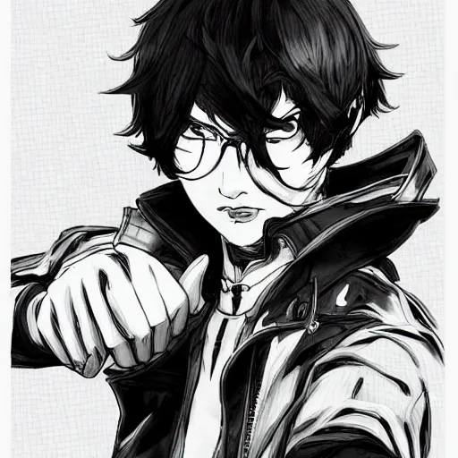 Image similar to Portrait of Ren Amimiya from Persona 5, art style of Yoji Shinkawa, Highly detailed, fantasy themed