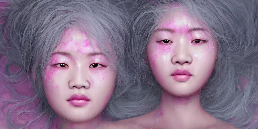 Prompt: a portrait of a very beautiful young asian goddess, seductive smile, with pink and grey hair radiating swirling paint and impasto, sleepy eyes by wlop and edward robert hughes, background is volumetric displacement, hyperrealism, subsurface scattering, arnold render, 8 k, houdini, xparticles