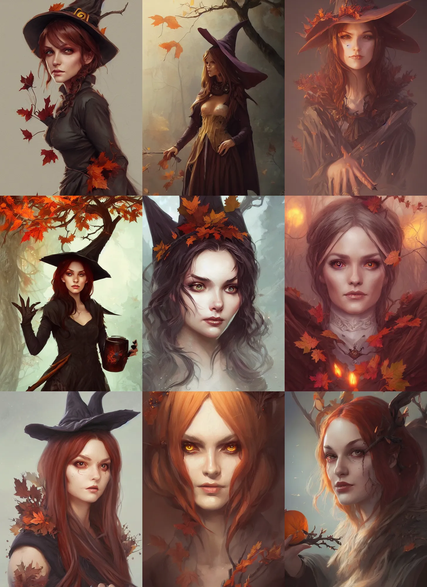 Prompt: cute autumnal witch, d & d, fantasy, portrait, highly detailed, digital painting, trending on artstation, concept art, sharp focus, illustration, art by artgerm and greg rutkowski and magali villeneuve