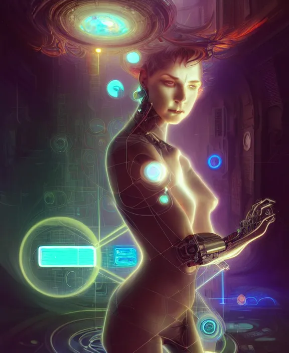 Image similar to a whirlwind of souls rushing inside the metaverse, hologram, half body, neurochip, shaved temple, piercing, jewelry, android, cyborg, cyberpunk face, by loish, d & d, fantasy, intricate, elegant, highly detailed, colorful, digital painting, artstation, concept art, art by artgerm and greg rutkowski and alphonse mucha