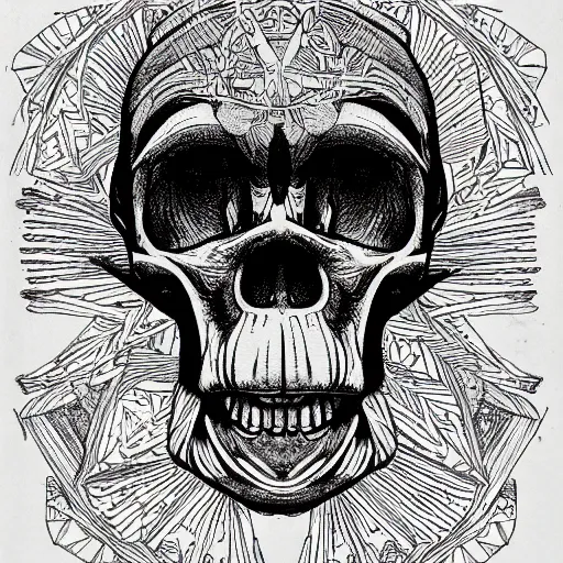 Image similar to a humanoid chimp skull hovering over a star pattern, 2 handguns are crossing in the middle of the picture ultra detailed, fine line pen drawing on parchment, symmetrical, stylish