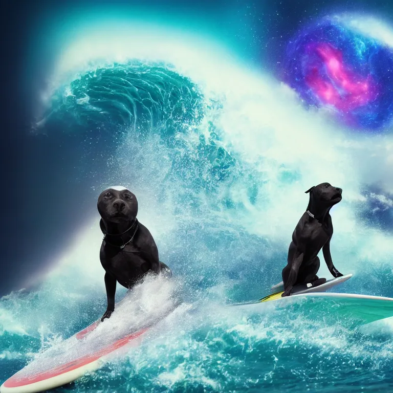 Image similar to photo of a female black coat pit bull with white paws, surfing on a surfboard in a crashing wave of alien ocean in space, background is an alien galaxy, aliens in the background, alien colors, octane render, unreal engine, wide view, 8 k, high detaild