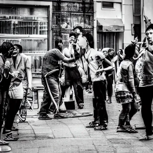 Prompt: a street magic performer with a crowd circling around, color photography, 2 5 mm nikon, busy streets with vendors