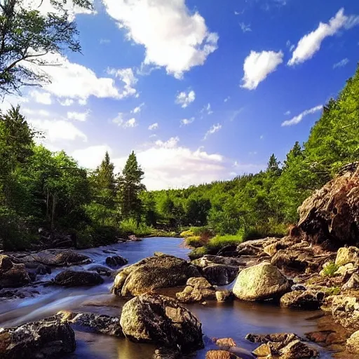 Image similar to a beautiful landscape, river, rocks, trees, lush vegetation