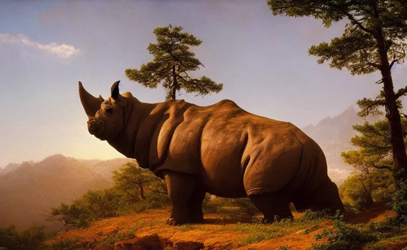 Prompt: massive mountains surrounded by pine forests, the enormous stone statue of a rhinoceros, by albert bierstadt, artstation, low angle, golden hour