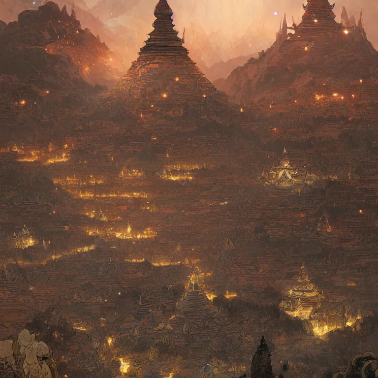 Prompt: a beautiful painting of the view from the river of the domes and towers of the ancient tibetan carved stone city, under the night sky with stars, intricate, elegant, highly detailed, digital painting, artstation, concept art, by krenz cushart and artem demura and alphonse mucha