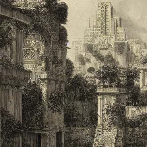 Prompt: the hanging gardens of babylon, gustave dore lithography